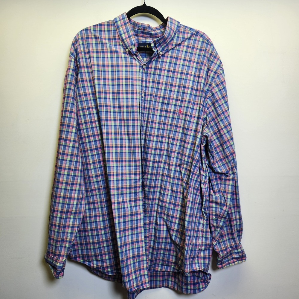 Ralph Lauren Men's Plaid Button Down Shirt 2XB Pink Blue Embroidered Logo Cotton